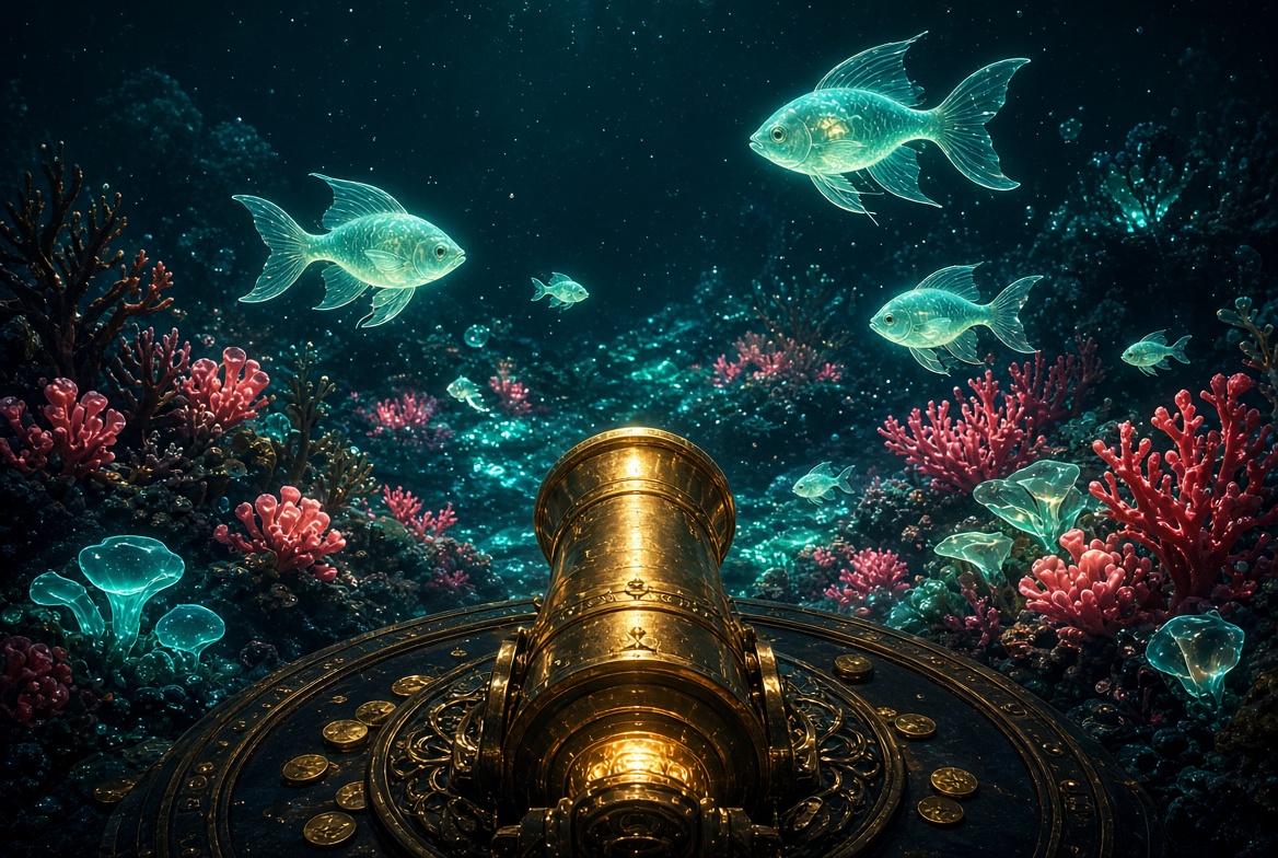 Gold cannon on a reef, original key art